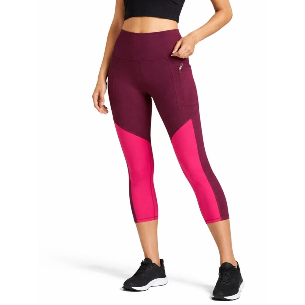 Athleta Womens Colorblock Crop Leggings Medium Petite Wine Pink High Rise Pocket